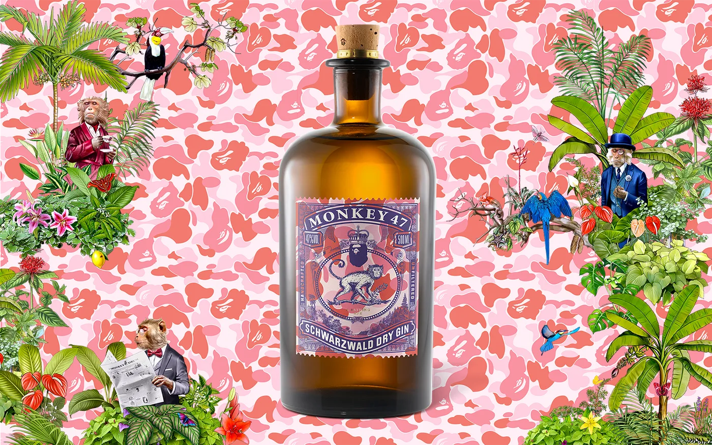 Monkey 47 x A Bathing Ape bottle on pink camouflage with jungle plants