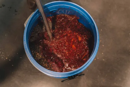 Botanicals macerating in a blue barrel