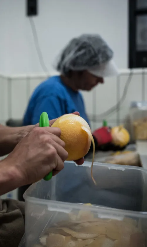 Worker in a hairnet peeling fruit