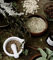Spices, herbs and mortar and pestle on a dark table