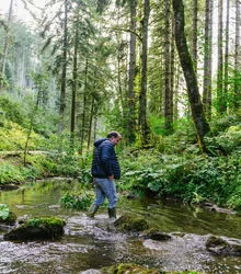 Man hiking through a Black Forest stream