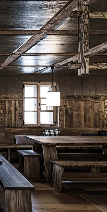 Rustic wooden room with tables and benches