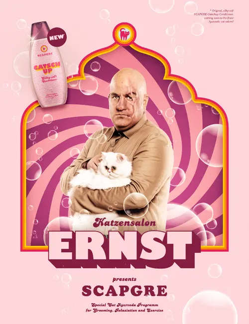Pink "Katzensalon Ernst" poster with a man holding a cat