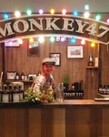 Monkey 47 bar stand with a bartender under a light garland