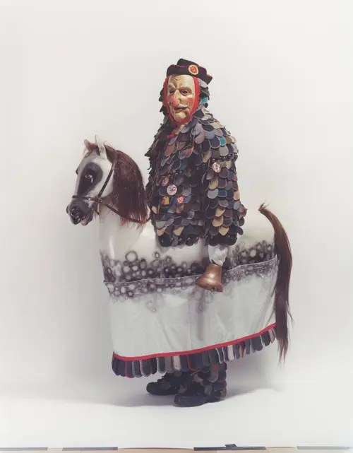 Carnival steed costume of Constance with rider and white horse figure
