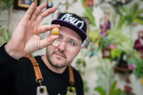 Bartender holding up a pickled pearl onion