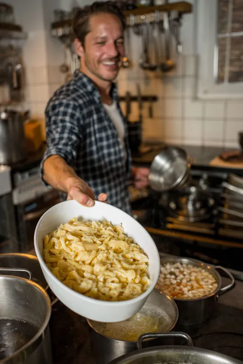 Smiling chef holding a bowl of freshly made spätzle