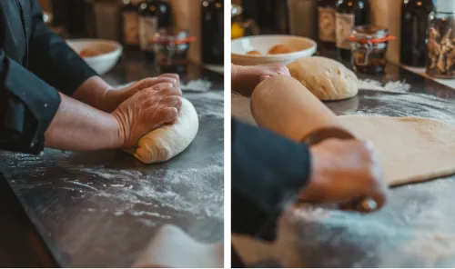 Hands kneading and rolling out hazelnut braid dough