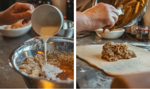Mixing the hazelnut filling and spreading it on the dough