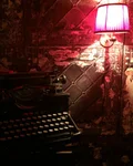 Red lamp and vintage typewriter at L'Aiglon bar in Singapore