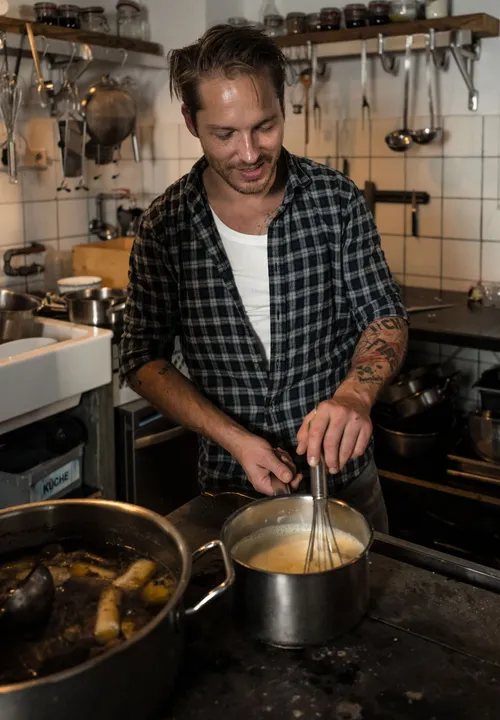 Chef stirring a pot of vanilla sauce