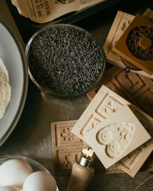 Carved Springerle moulds with lavender and eggs