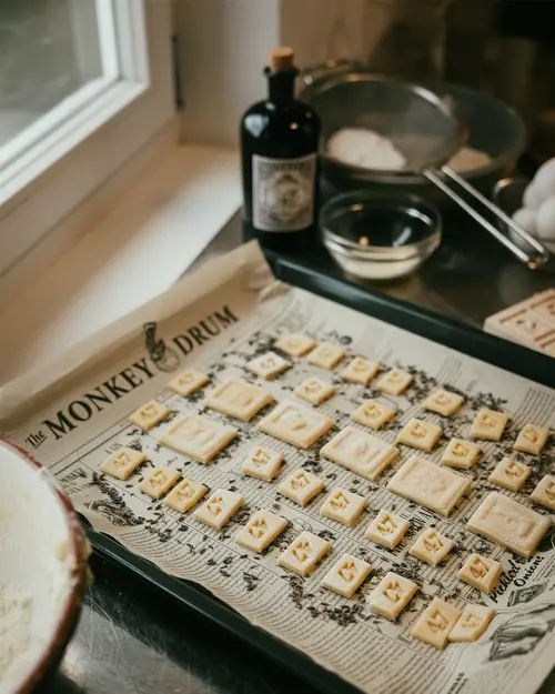 Springerle biscuits cooling on a tray next to a Monkey 47 bottle