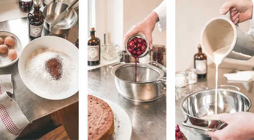 Preparing Black Forest gateau: dry ingredients, cherries and cream