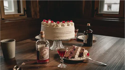 Black Forest gateau with a Monkey 47 bottle and a slice on a plate