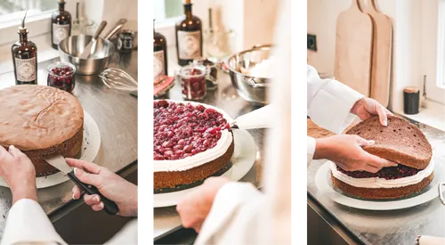 Assembling a Black Forest gateau: sponge, cherries and layering