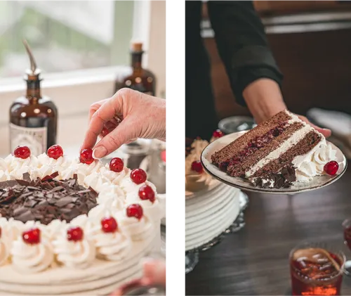 Decorating a Black Forest gateau with cherries and serving a slice