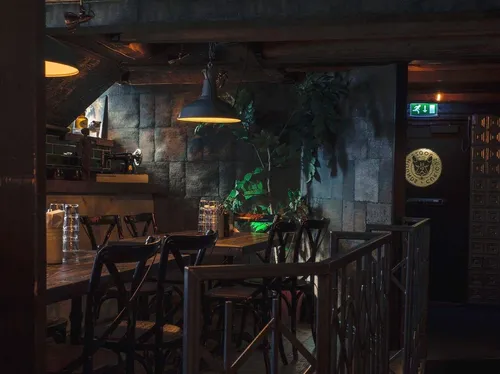 Dark bar interior with plants and lamps in Gothenburg