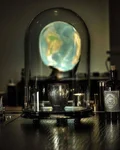 Dimly lit bar counter with a glowing globe lamp