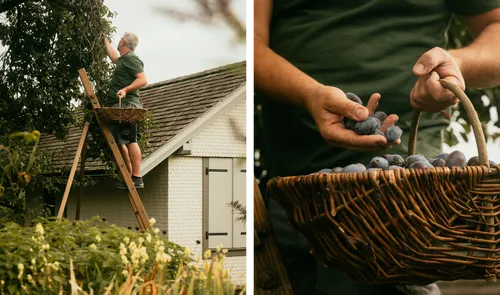 Picking plums from the tree into a basket