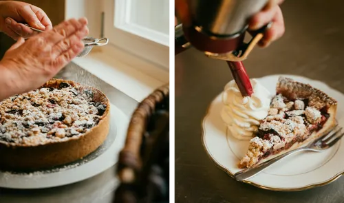 Finished plum cake and a slice served with whipped cream