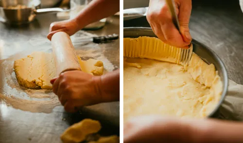 Rolling out dough and filling the cake tin for Zwetschgenkuchen