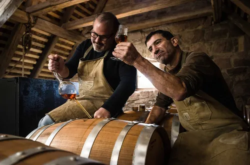 Distillers drawing a Barrel Cut sample from an oak barrel