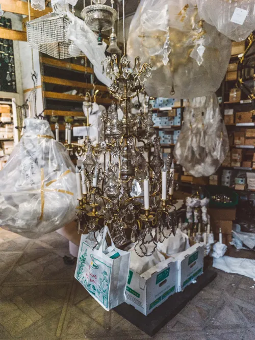 Crystal chandelier in a workshop