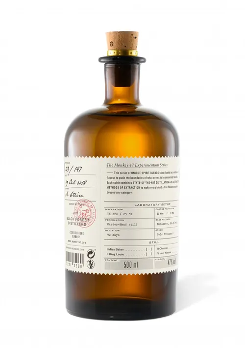 Monkey 47 Experimentum Series bottle, back label