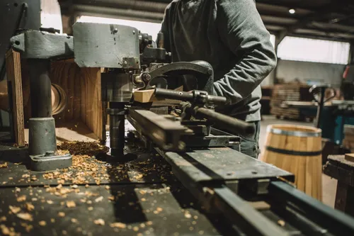 Cooper cutting oak staves on a machine