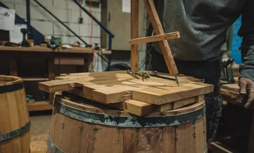 Oak staves on top of a barrel in the cooperage