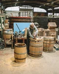 Cooperage workshop with barrels in progress