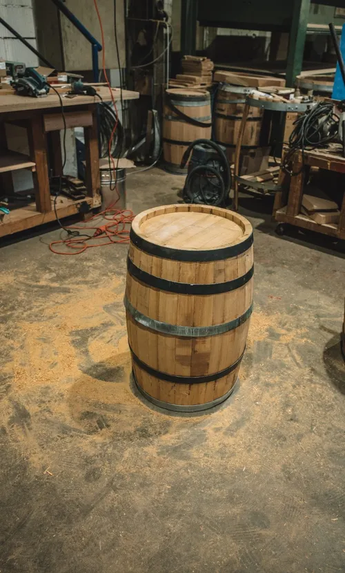 Finished oak barrel on the cooperage floor