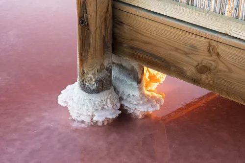 Salt crystals crusted on a wooden post in a pink salt pond