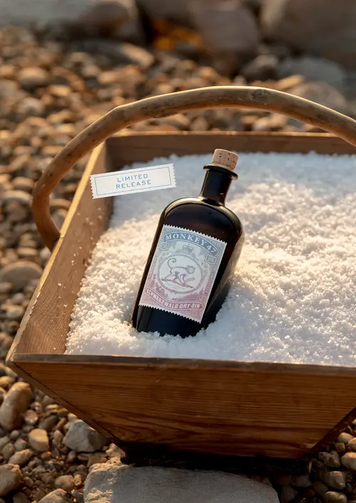 Monkey 47 Distiller's Cut 2025 bottle in a crate of salt