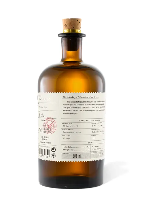 Back label of a Monkey 47 Experimentum Series bottle