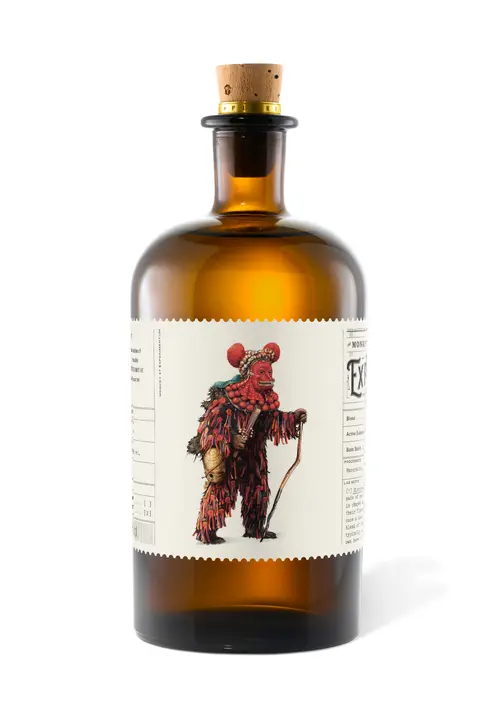 Monkey 47 Experimentum Series Edition 4 bottle with a red-cloaked figure illustration