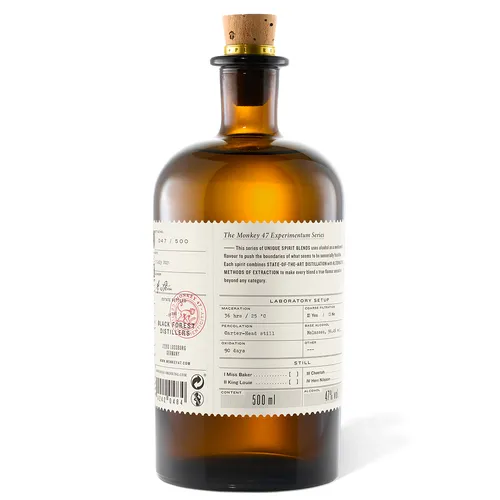 Back label of the Monkey 47 Experimentum Series Edition 5 bottle