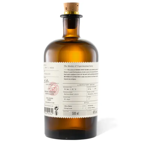 Back label of the Monkey 47 Experimentum Series 2y06 bottle