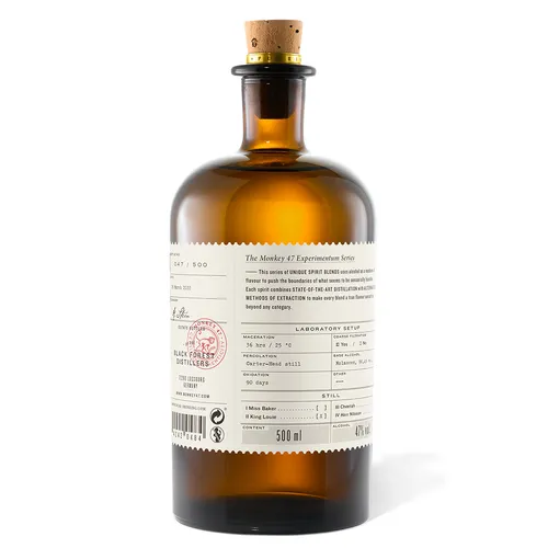 Back label of the Monkey 47 Experimentum Series 2y07 Berlin bottle