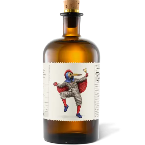 Monkey 47 Experimentum Series 2y08 bottle with a red-caped figure illustration