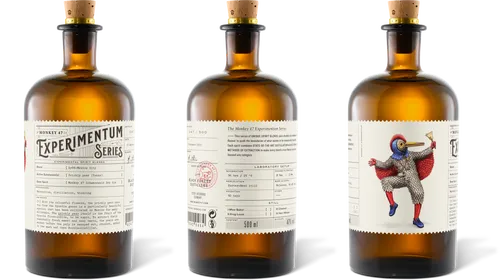 Three Monkey 47 Experimentum Series 2y08 bottles: front, illustrated and back labels