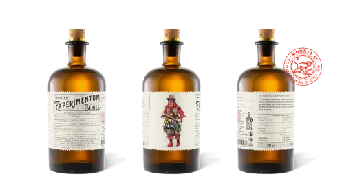 Three Monkey 47 Experimentum Series 2y09 bottles: front, illustrated and back labels