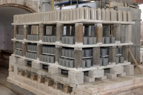 Glazed Becher cups stacked on a kiln cart