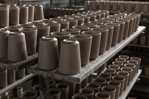 Shelves filled with Becher cups in the factory