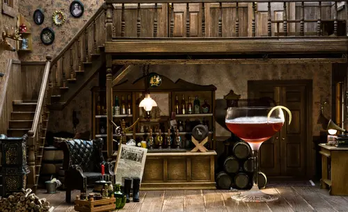 Improved Princeton Cocktail in a miniature saloon setting