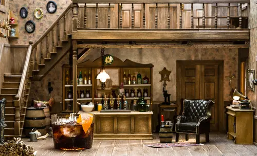Sloe Negroni on ice in a miniature saloon setting