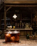 Dark cocktail on ice in a miniature saloon setting