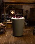 Red Mustard Monkey in a tall cup in a miniature saloon setting