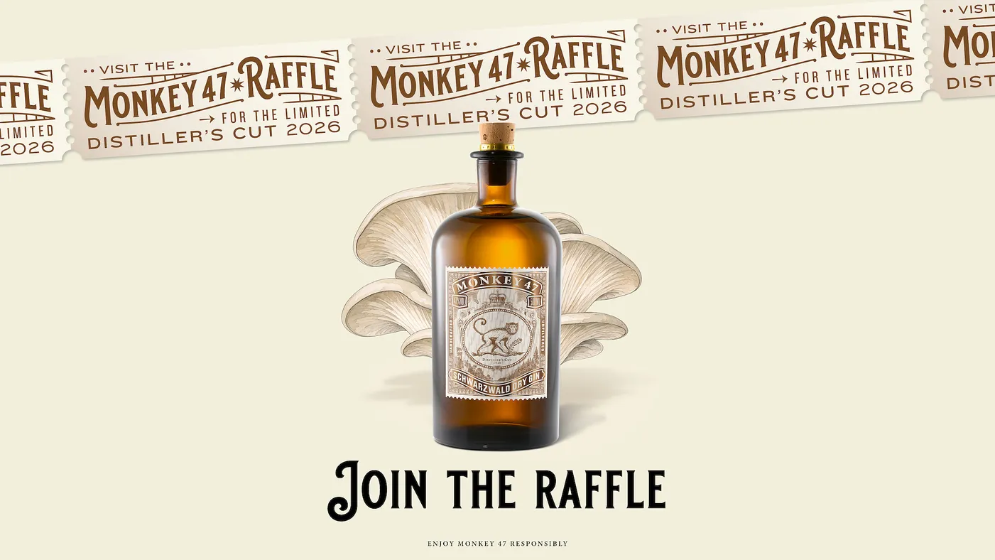 Join the raffle: Monkey 47 Distiller's Cut 2026 bottle with mushrooms